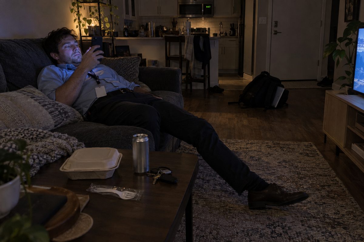 A man still in his work clothes late in the evening, slumped on the couch, lit only by his phone