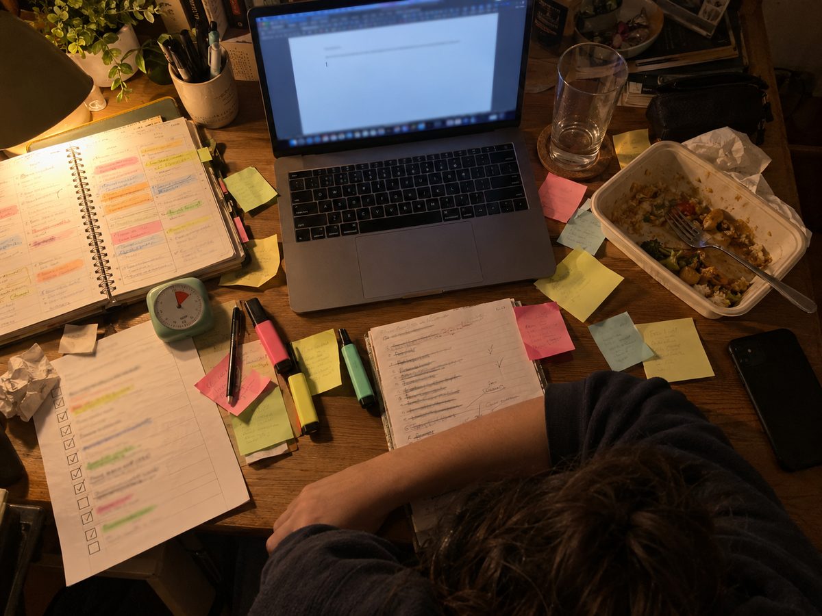Slumped over a desk covered in planners, sticky notes and a timer, in front of a blank document