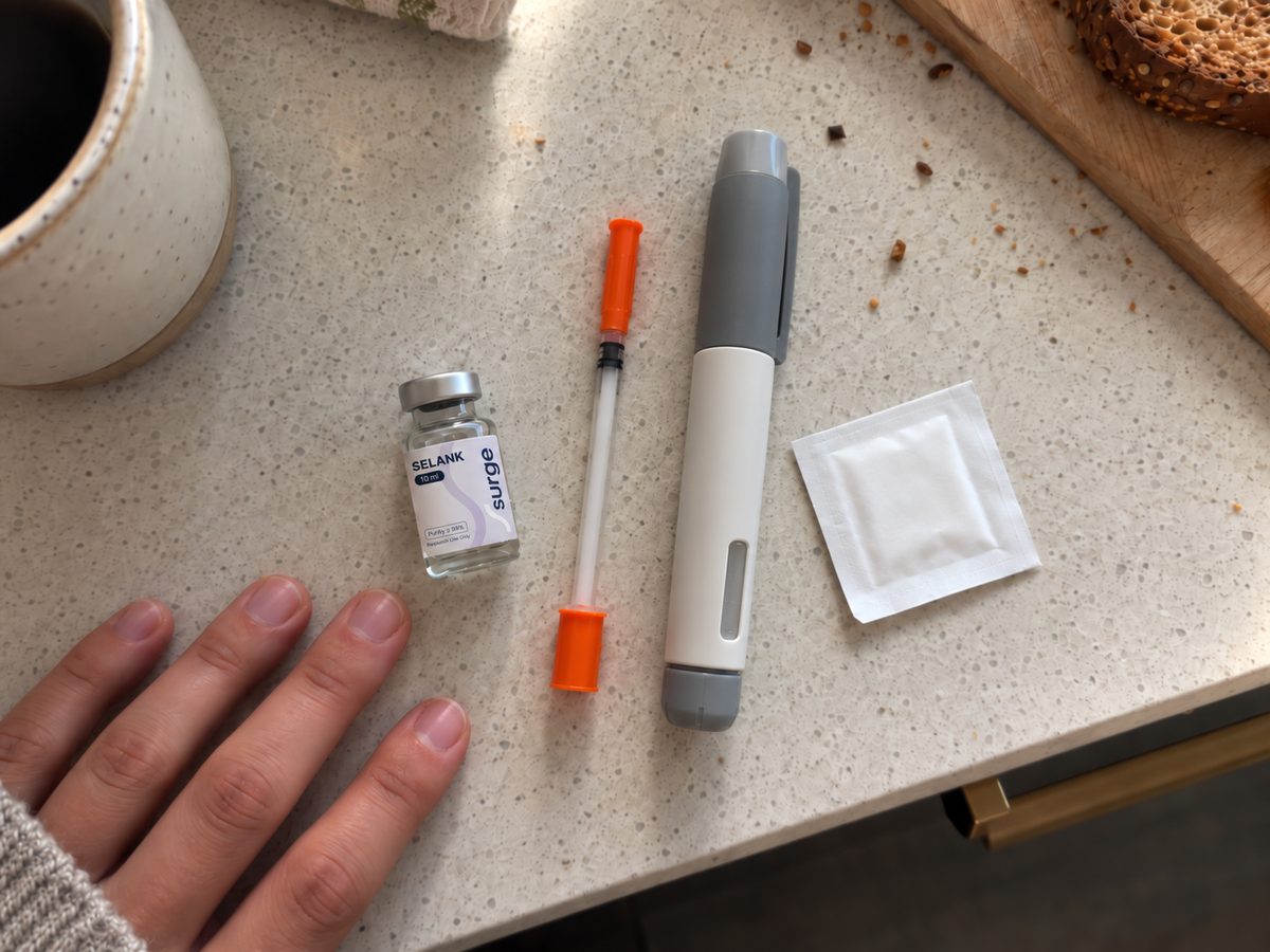 A Selank vial and a small syringe next to a GLP-1 pen and an alcohol swab, for scale