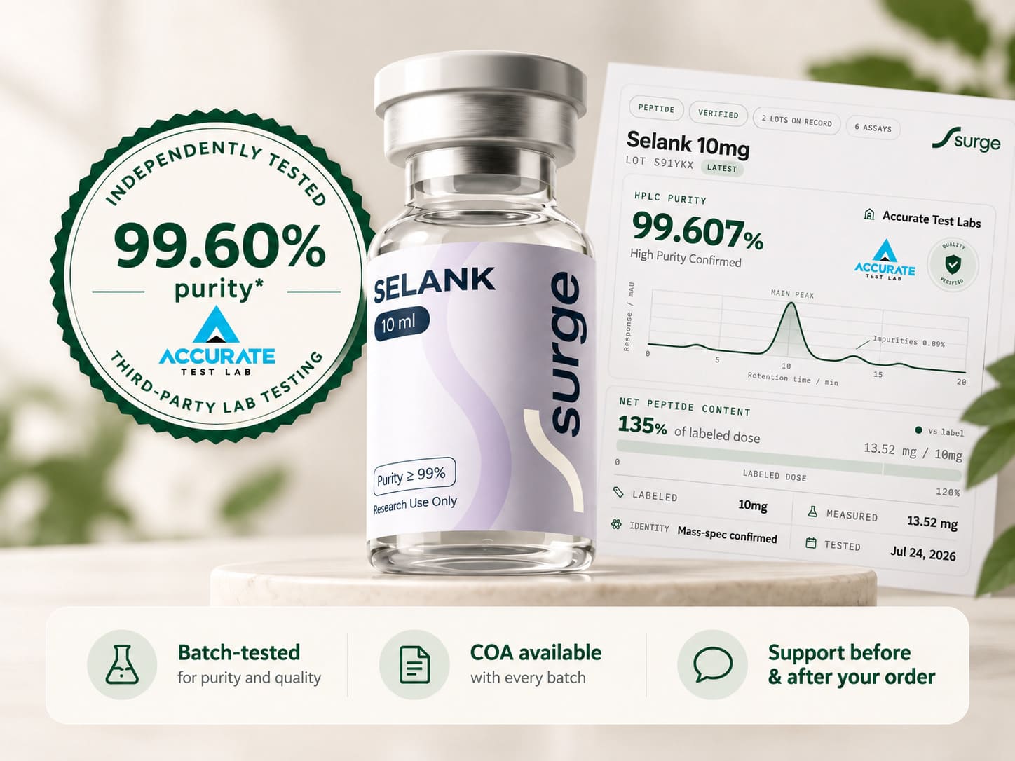 Selank vial with a pharmacy label next to a printed test result